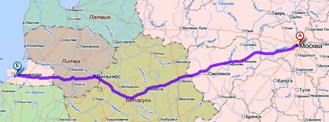 Карта маршрута Москва-Калининград