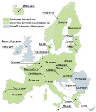Страны Шенгенской зоны на карте